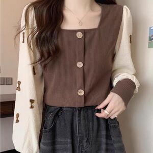 Brown and Cream Button-Up Sweater